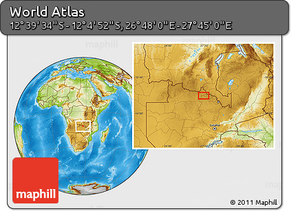 Physical Location Map of the Area around 12° 22' 13" S, 27° 16' 29" E