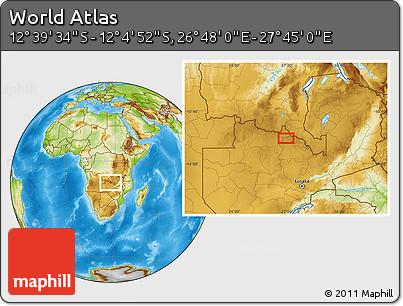 Physical Location Map of the Area around 12° 22' 13" S, 27° 16' 29" E