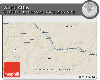 Shaded Relief 3D Map of the Area around 12° 22' 13" S, 28° 58' 30" E
