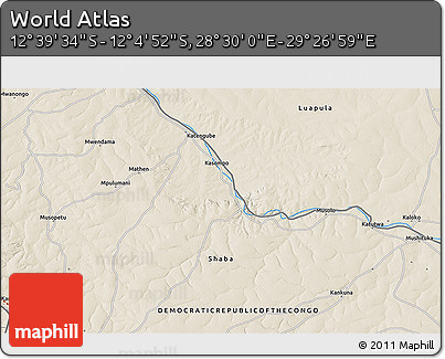 Shaded Relief 3D Map of the Area around 12° 22' 13" S, 28° 58' 30" E
