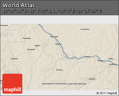 Shaded Relief 3D Map of the Area around 12° 22' 13" S, 28° 58' 30" E