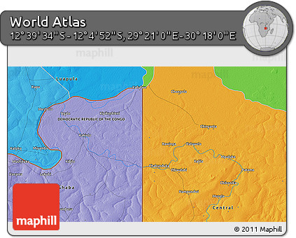 Political 3D Map of the Area around 12° 22' 13" S, 29° 49' 30" E
