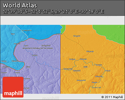 Political 3D Map of the Area around 12° 22' 13" S, 29° 49' 30" E