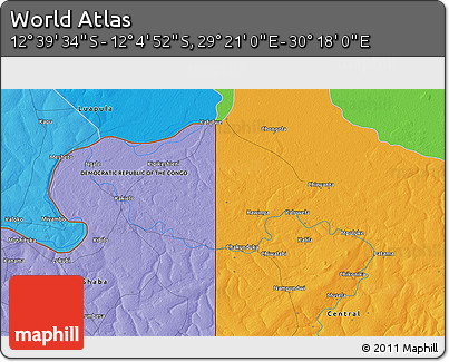 Political 3D Map of the Area around 12° 22' 13" S, 29° 49' 30" E