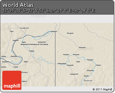 Shaded Relief 3D Map of the Area around 12° 22' 13" S, 29° 49' 30" E