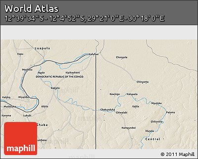 Shaded Relief 3D Map of the Area around 12° 22' 13" S, 29° 49' 30" E
