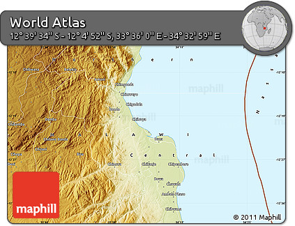 Physical Map of the Area around 12° 22' 13" S, 34° 4' 30" E