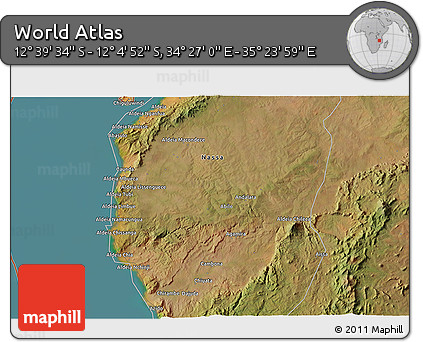 Satellite 3D Map of the Area around 12° 22' 13" S, 34° 55' 29" E