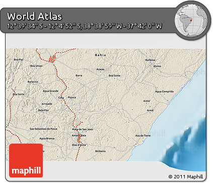 Shaded Relief 3D Map of the Area around 12° 22' 13" S, 38° 10' 29" W