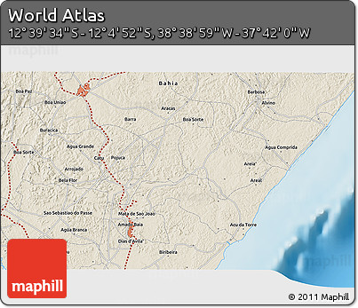 Shaded Relief 3D Map of the Area around 12° 22' 13" S, 38° 10' 29" W