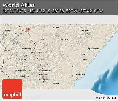 Shaded Relief 3D Map of the Area around 12° 22' 13" S, 38° 10' 29" W