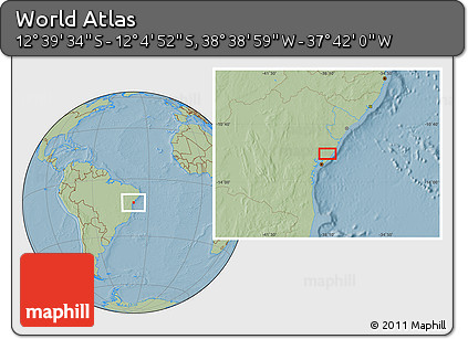 Savanna Style Location Map of the Area around 12° 22' 13" S, 38° 10' 29" W, hill shading