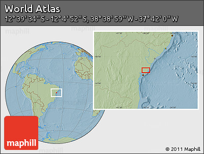 Savanna Style Location Map of the Area around 12° 22' 13" S, 38° 10' 29" W, hill shading