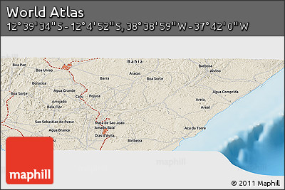 Shaded Relief Panoramic Map of the Area around 12° 22' 13" S, 38° 10' 29" W