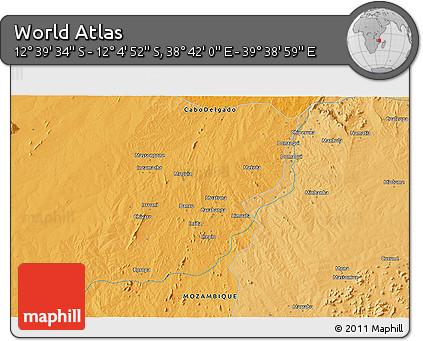 Political 3D Map of the Area around 12° 22' 13" S, 39° 10' 29" E