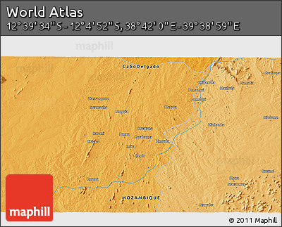 Political 3D Map of the Area around 12° 22' 13" S, 39° 10' 29" E