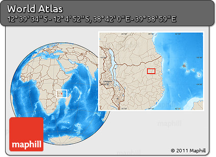 Shaded Relief Location Map of the Area around 12° 22' 13" S, 39° 10' 29" E