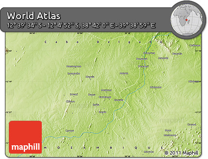 Physical Map of the Area around 12° 22' 13" S, 39° 10' 29" E