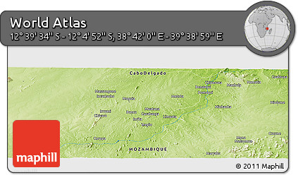 Physical Panoramic Map of the Area around 12° 22' 13" S, 39° 10' 29" E