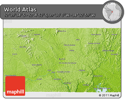 Physical 3D Map of the Area around 12° 22' 13" S, 39° 1' 29" W