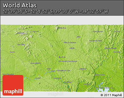 Physical 3D Map of the Area around 12° 22' 13" S, 39° 1' 29" W