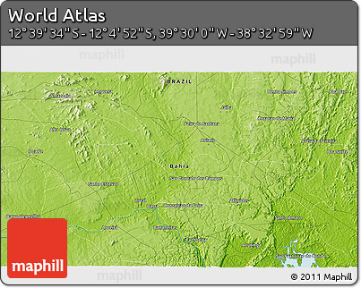 Physical 3D Map of the Area around 12° 22' 13" S, 39° 1' 29" W