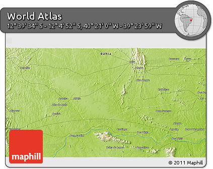 Physical 3D Map of the Area around 12° 22' 13" S, 39° 52' 30" W