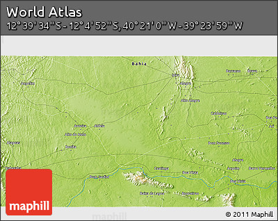Physical 3D Map of the Area around 12° 22' 13" S, 39° 52' 30" W
