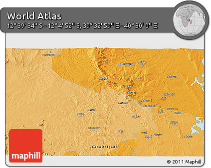 Political 3D Map of the Area around 12° 22' 13" S, 40° 1' 29" E