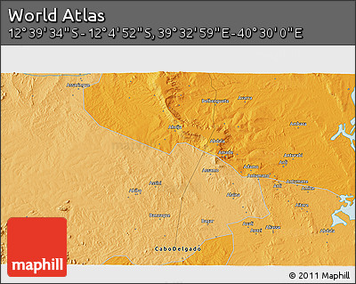 Political 3D Map of the Area around 12° 22' 13" S, 40° 1' 29" E
