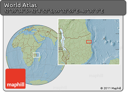 Savanna Style Location Map of the Area around 12° 22' 13" S, 40° 1' 29" E, hill shading