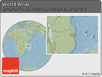 Savanna Style Location Map of the Area around 12° 22' 13" S, 40° 1' 29" E, hill shading