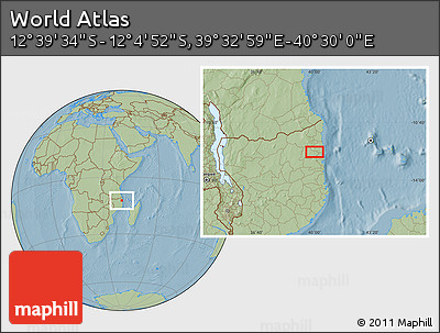 Savanna Style Location Map of the Area around 12° 22' 13" S, 40° 1' 29" E, hill shading