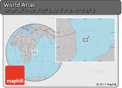 Gray Location Map of the Area around 12° 22' 13" S, 42° 34' 30" E