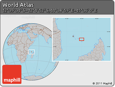 Gray Location Map of the Area around 12° 22' 13" S, 45° 7' 30" E