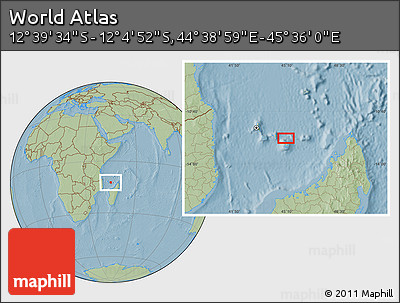 Savanna Style Location Map of the Area around 12° 22' 13" S, 45° 7' 30" E, hill shading