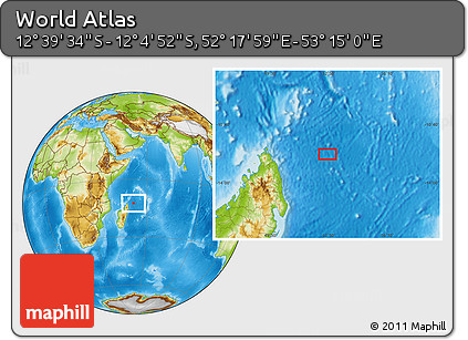 Physical Location Map of the Area around 12° 22' 13" S, 52° 46' 29" E