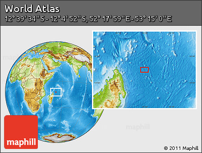 Physical Location Map of the Area around 12° 22' 13" S, 52° 46' 29" E