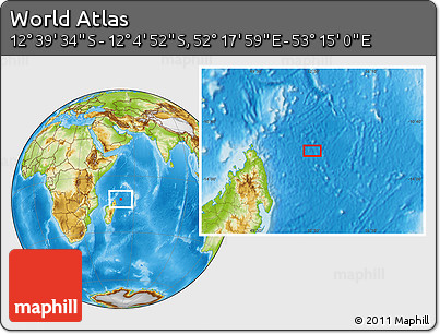 Physical Location Map of the Area around 12° 22' 13" S, 52° 46' 29" E