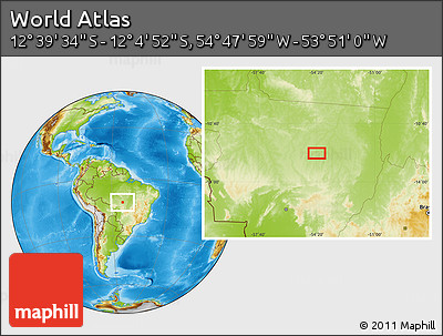 Physical Location Map of the Area around 12° 22' 13" S, 54° 19' 30" W