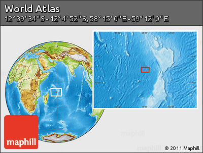 Physical Location Map of the Area around 12° 22' 13" S, 58° 43' 30" E
