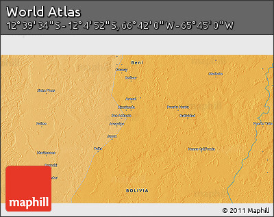 Political 3D Map of the Area around 12° 22' 13" S, 66° 13' 29" W