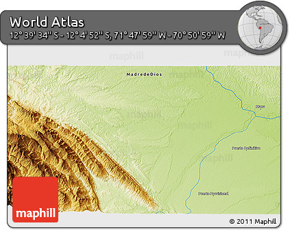 Physical 3D Map of the Area around 12° 22' 13" S, 71° 19' 29" W