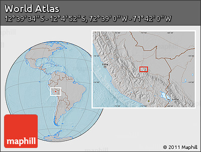 Gray Location Map of the Area around 12° 22' 13" S, 72° 10' 30" W, hill shading