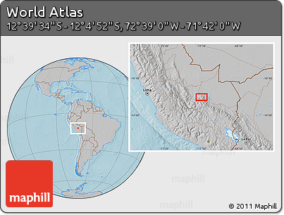 Gray Location Map of the Area around 12° 22' 13" S, 72° 10' 30" W, hill shading
