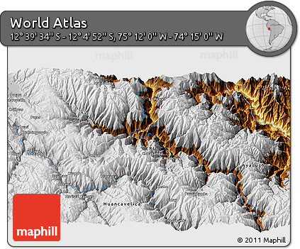 Physical 3D Map of the Area around 12° 22' 13" S, 74° 43' 29" W