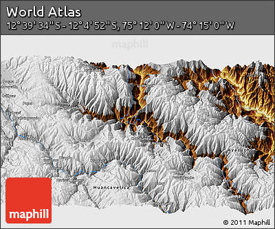 Physical 3D Map of the Area around 12° 22' 13" S, 74° 43' 29" W