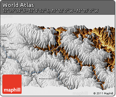 Physical 3D Map of the Area around 12° 22' 13" S, 74° 43' 29" W
