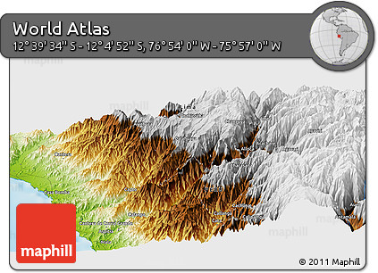 Physical Panoramic Map of the Area around 12° 22' 13" S, 76° 25' 30" W