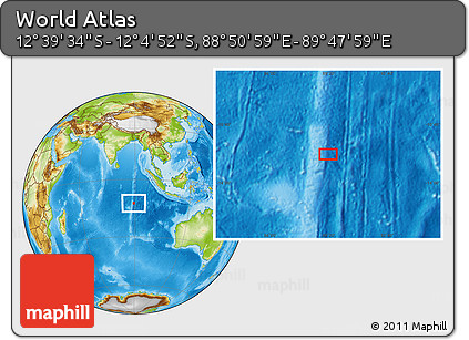 Physical Location Map of the Area around 12° 22' 13" S, 89° 19' 29" E
